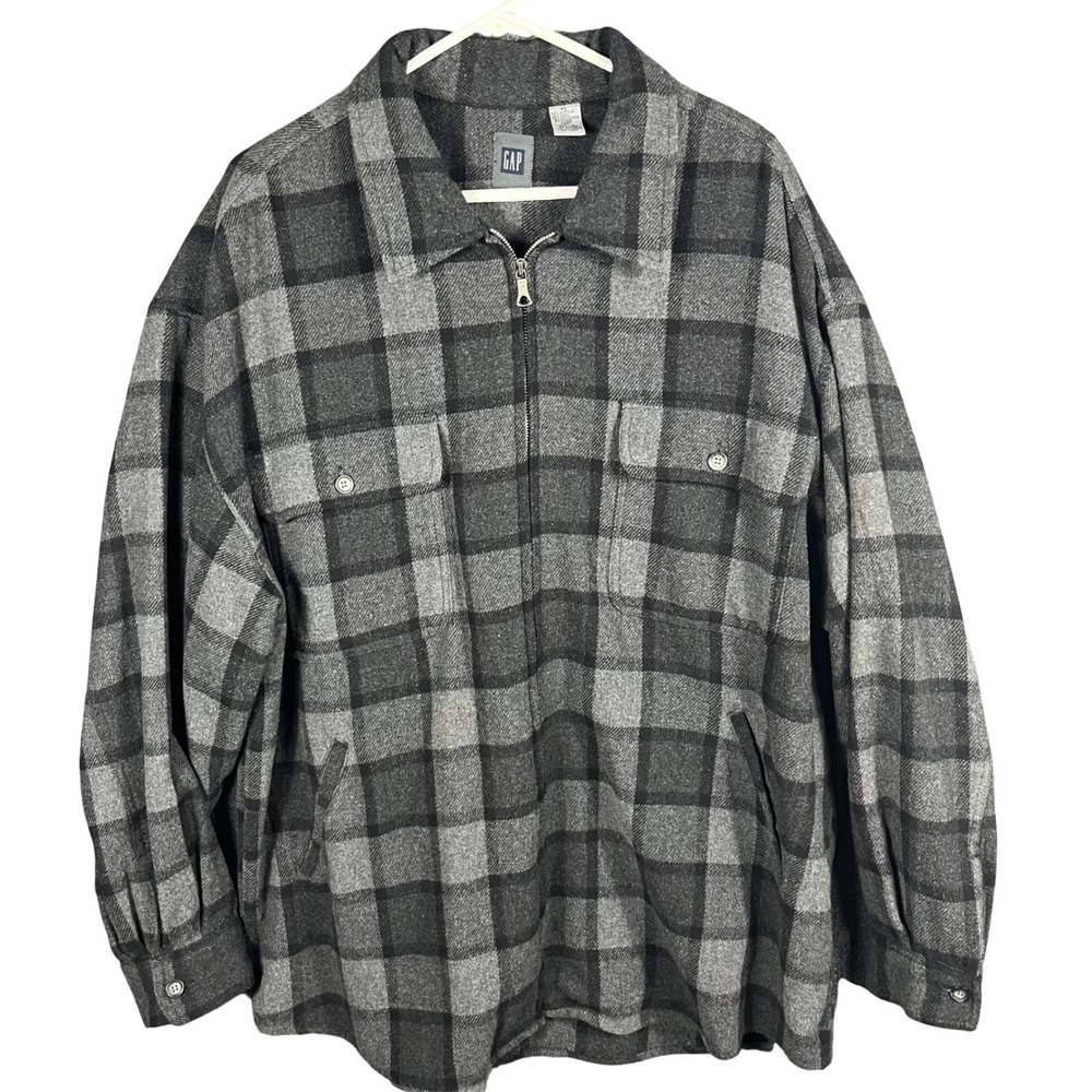 Gap Shirt Jacket Mens XL Grey Black Plaid Wool Blend Full Zip Vintage Shacket